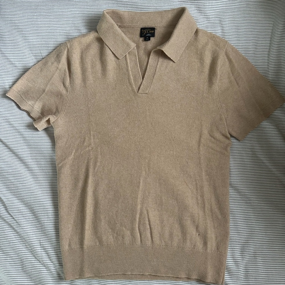 J. Crew Men’s Tan Knit Polo Johnny Collar - 100% Cashmere